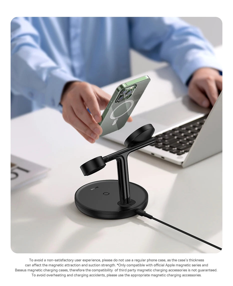 Baseus 3 in 1 20W Magnetic Wireless Charger Stand For iPhone 16 15 14 Pro Airpods Apple Watch Phone Fast Charging Station Holder