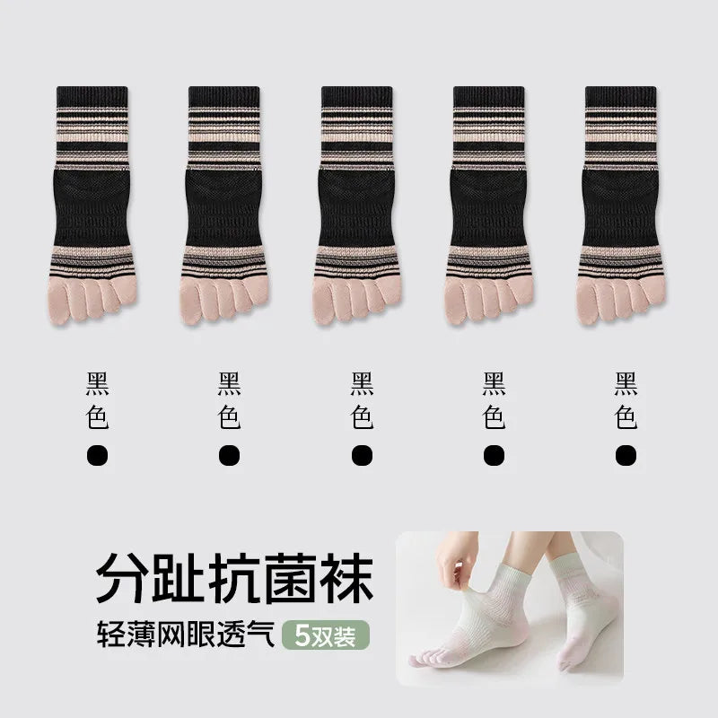 100% Cotton Five Toe Socks for Women - Breathable Striped Crew Socks, Comfy No Blister Toe Socks for Daily Wear