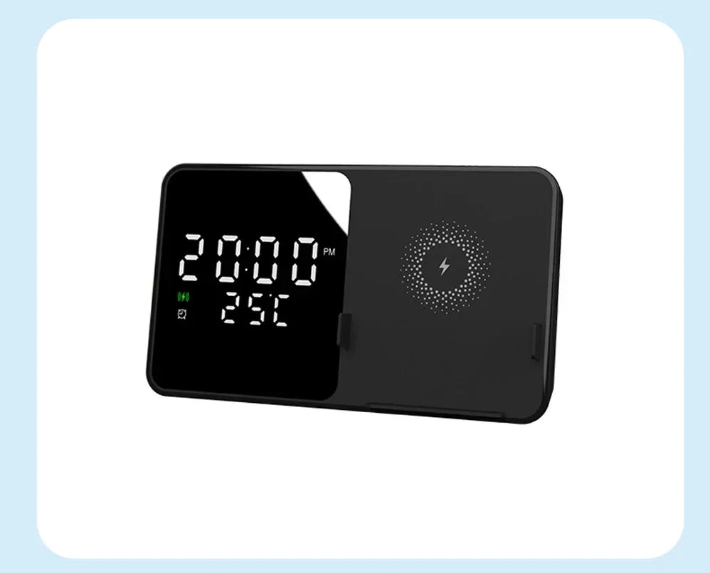 Wireless Charger Pad Stand with Alarm Clock Thermometer for iPhone 14 13 12 11 X Xiaomi Samsung 15W Phone Fast Charging Station