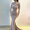 Elegant Half High Collar Long Dress Casual Long Sleeve Solid Floor Length Dress Women Fashion Hight Waist Pleated Slim Fit Dress