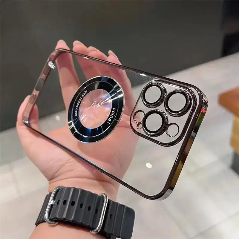 Luxury Logo Window Magnet Wireless Charger Plating Clear Case For iPhone 16 15 14 13 12 11 Pro Max Plus Back Cover For Magsafe