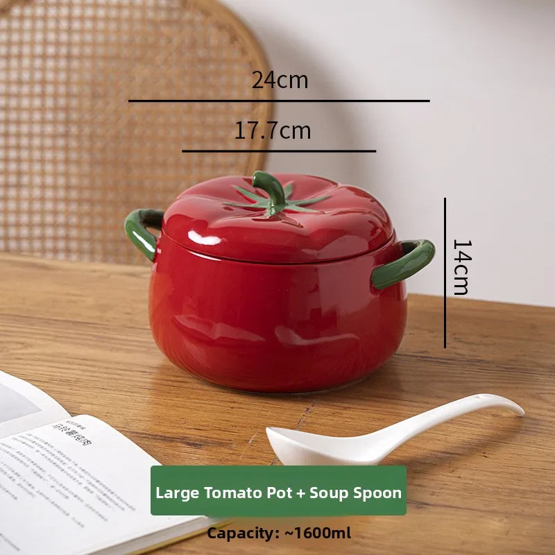Double-Eared Ceramic Soup Bowl with Lid for Home Use Instant Noodles Bowl Lychee Noodles Special Utensils Student Dormitory