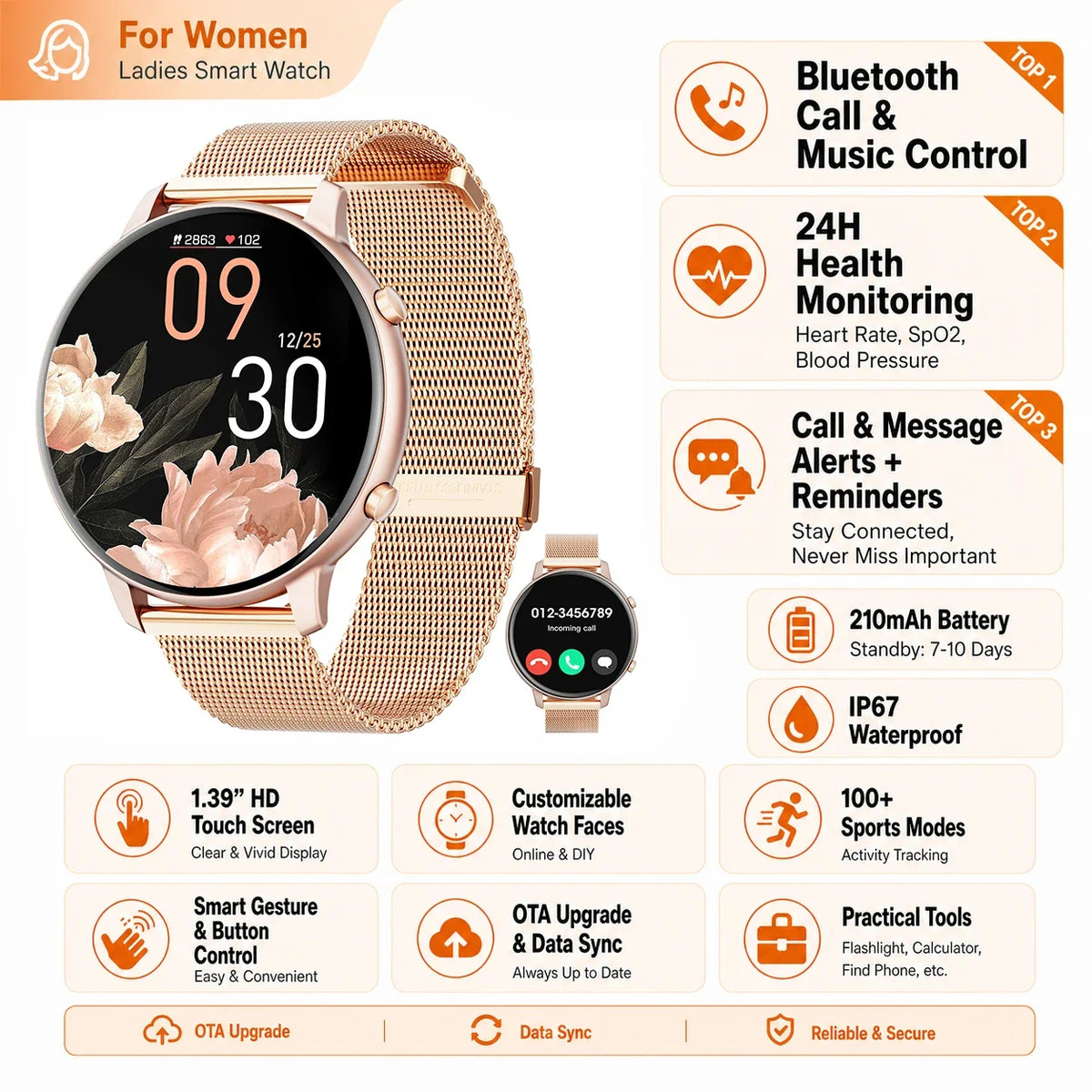 Women Rose Gold Smart Watch 1.39" Round Screen Bluetooth