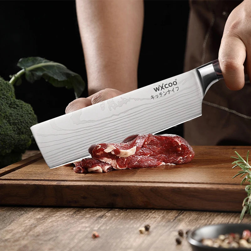 WXCOO Japanese Knife Set with Knife Bag Kitchen Knives Damascus Laser Fish Fillet Meat Cleaver Fruit Peeler Santoku Cutter