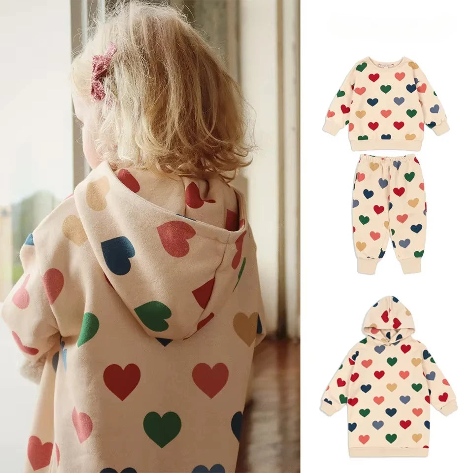 Spring KS Baby Girl Outfit Set Heart Sweatshirt Dress Kids Cotton Clothes Girls Sweatpants Pants Suits Children's Homewear 1-9Y