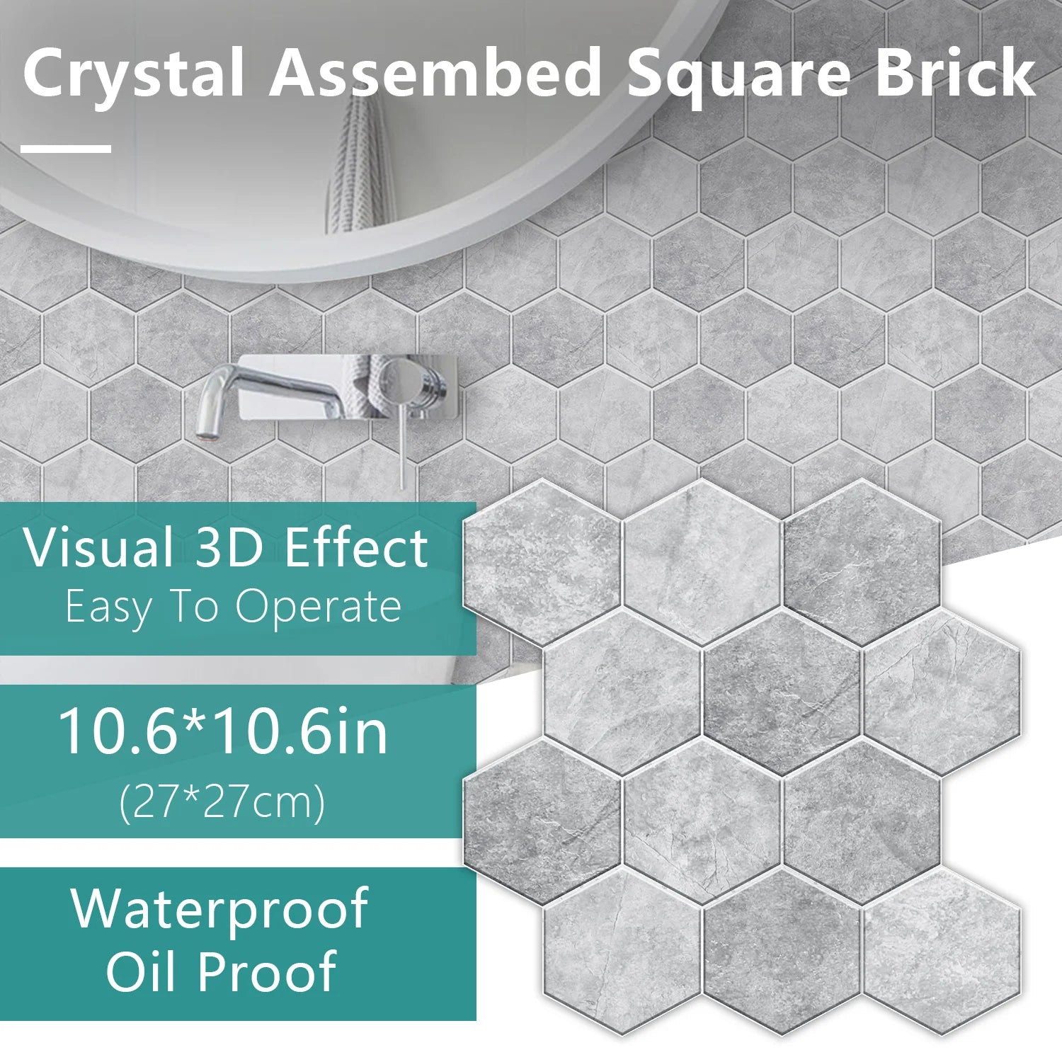 5 Styles Flat Hexagon Marble Embossing Tile Wall Stickers Oil-Proof Kitchen & Bathroom Washbasin Glossy Surface Decorative Mural