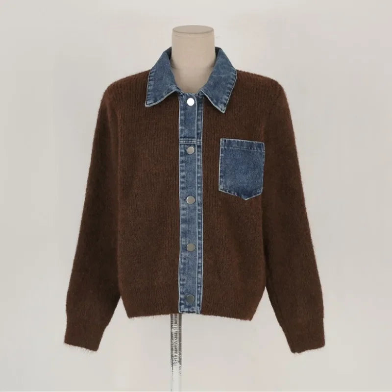 Oversized Knit Sweater Women Denim Patch Cardigan with Open Front