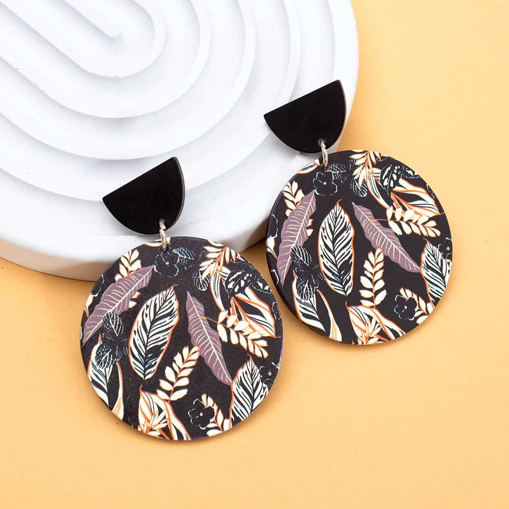 Round Black Acrylic 3D Printing Women's Leaf Earrings Dangle
