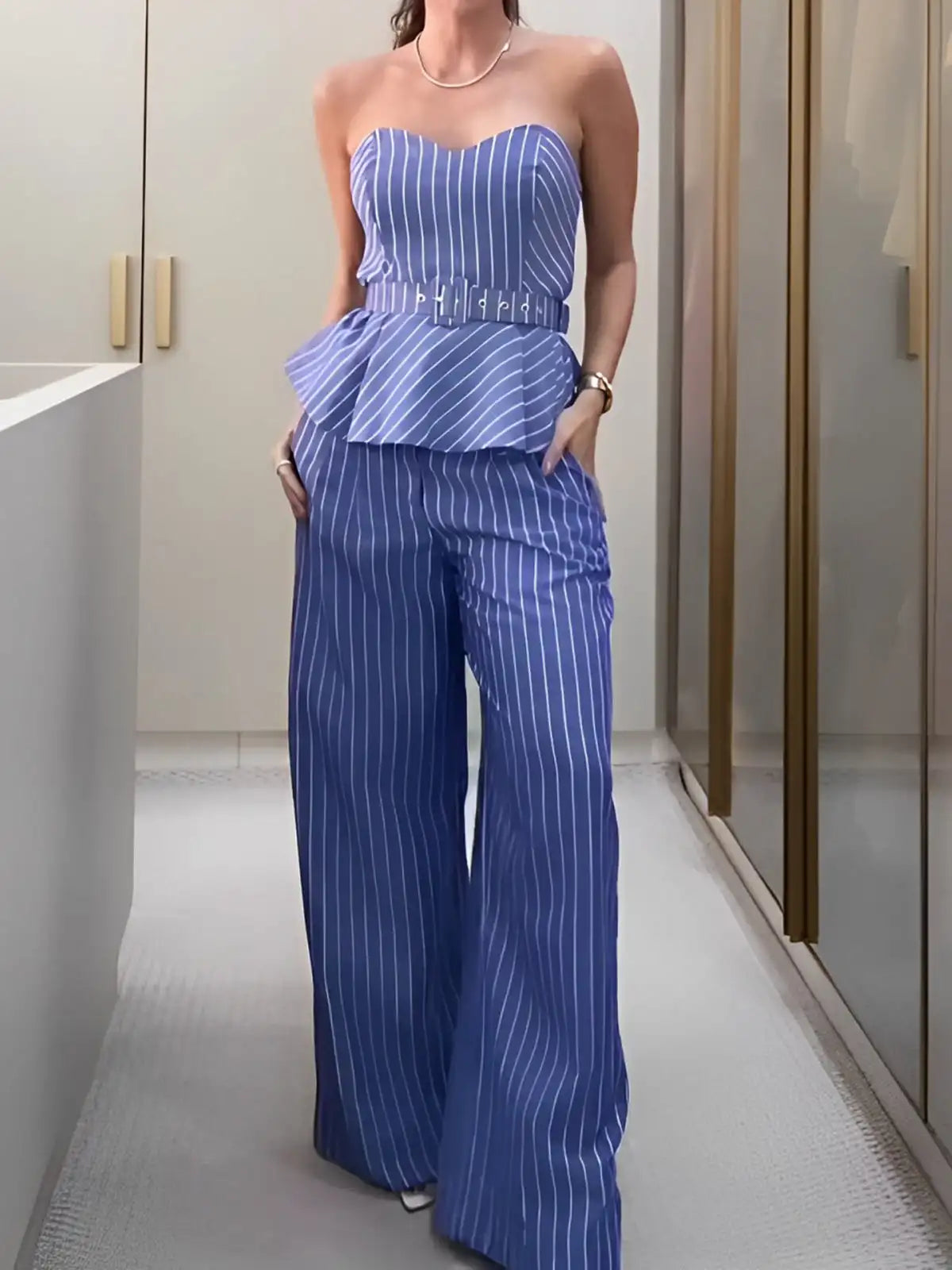 Stripe Belted Pants Set Elegant Bandage Wide Leg Pants Suit Office Lady Clothing Two Piece Set With Pants