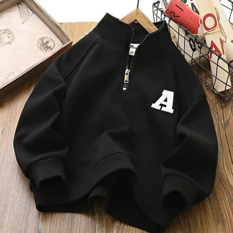 Boys & Girls 2025 New Arrival Mid-Big Size Spring/Autumn Stylish Stand Collar Semi-Zip Base Layer Sweatshirt