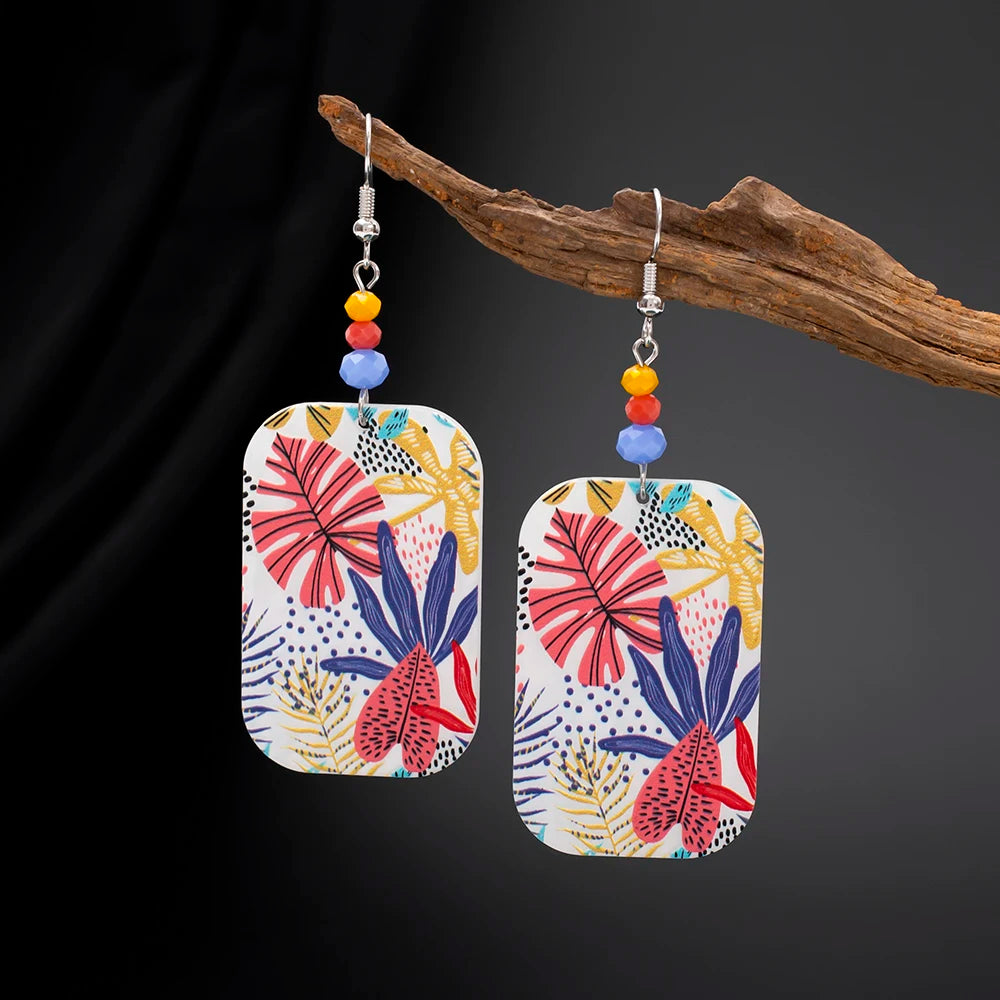 Round Black Acrylic 3D Printing Women's Leaf Earrings Dangle