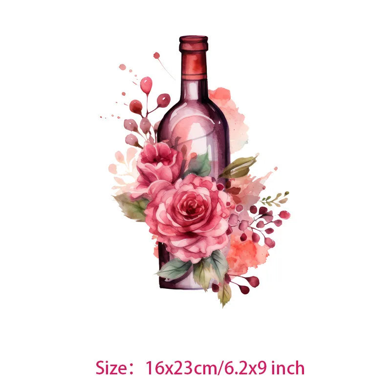 Interesting watercolor wine Glass flower Heat Transfer On Children's clothing dtf transfers ready to press iron on heat transfer