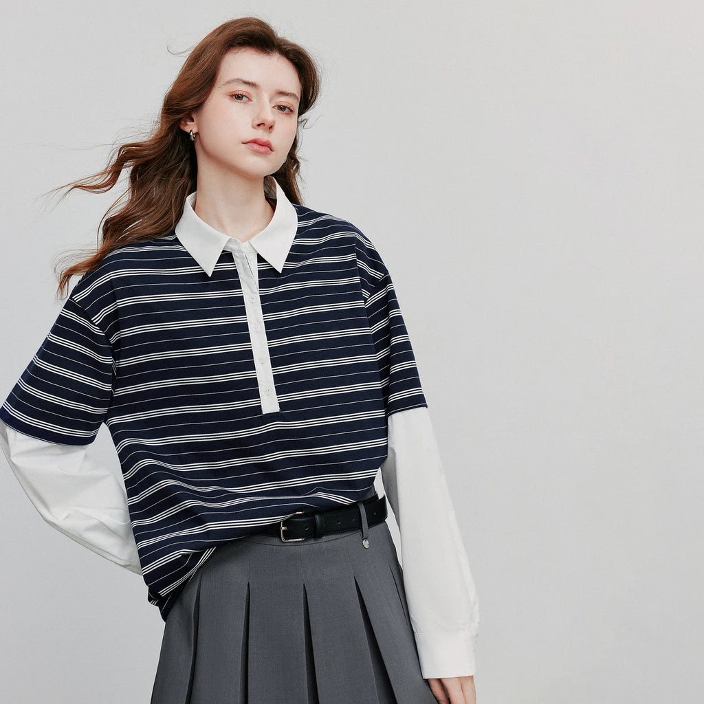 TOYOUTH Women Hoodies Sweatshirt 2025 Autumn New Spliced Fake Two Piece Polo Collar Striped Casual Pullover Tops