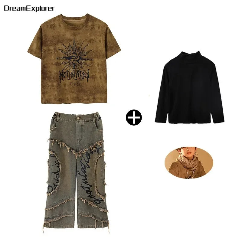 Boys Wasteland Punk Street Dance Sweatshirt Jeans Pants Girls Hip Hop Clothes Sets Kids Jazz Stage Costumes Children Streetwear