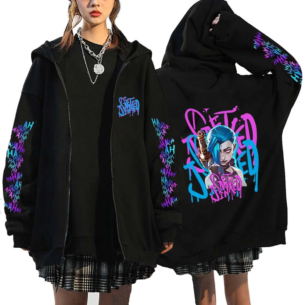 Arcane-Jinx Zipper Hoodie Harajuku Anime Monkey Graffiti Pullover Sweatshirt Men Women Streetwear Gothic Game Lover Zip Hoodie