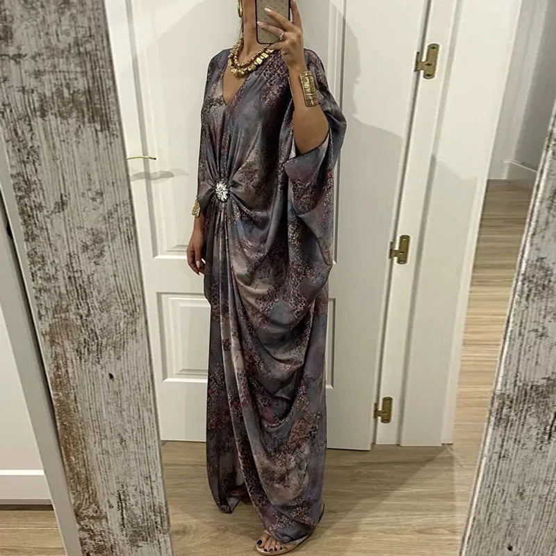 Spring Elegant Abstract Print Kaftan Dress Women's V Neck Batwing Sleeve Maxi Dress Bohemian Vacation Ruched Waist Evening Gowns
