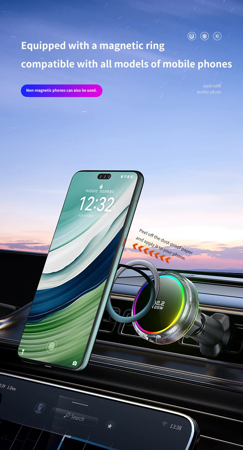 qi2.2 Car 25W Magnetic Wireless Charger Air Cooling RGB Light  Phone Holder For Magsafe iPhone 17 16 15 14 13 12 Fast Charging