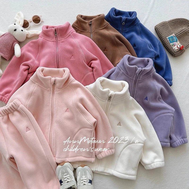 Children's Polar Fleece Suit Zipper Tracksuit Set for Boy Girl Baby Clothes Fall Winter Insulated Sweatshirt Pants Sportwear