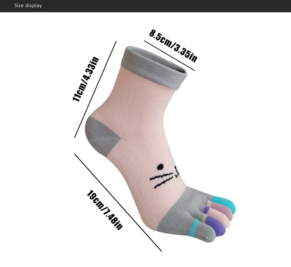 Cute Short Toe Socks Women Girl Cotton Striped Cat Love Fashion Sweat-Absorbing Anti-Bacterial Breathable Warm Five Finger Socks