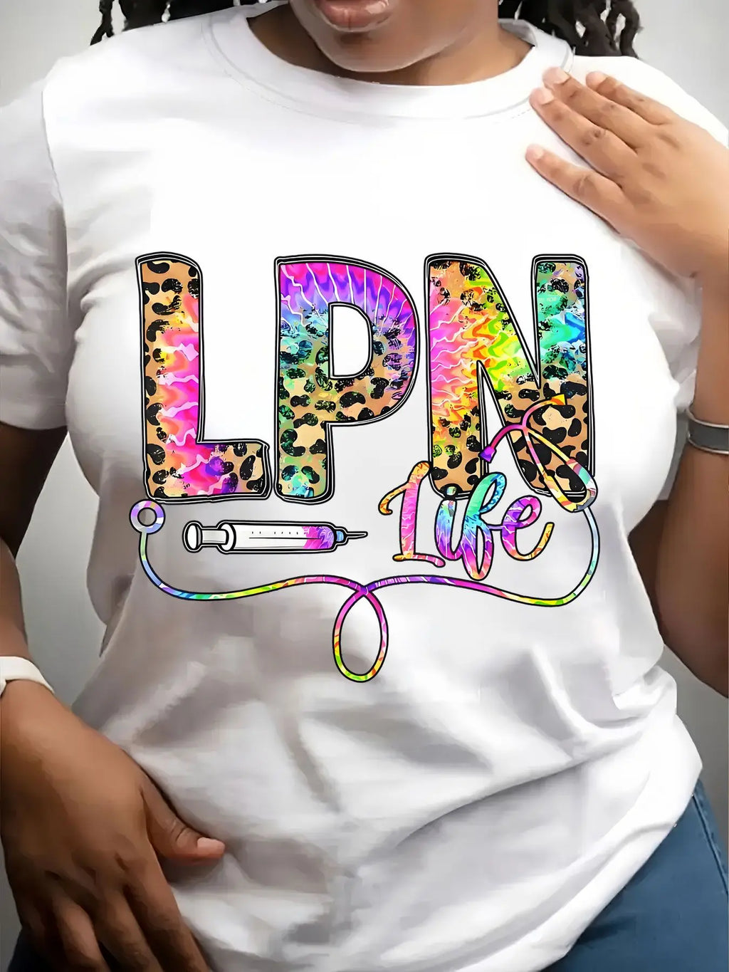 Women's Trendy Crew Neck T-Shirt Lpn Life Leopard Tie