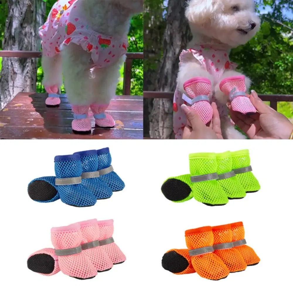 4pcs/set Fashion Breathable Dog Mesh Shoes Non-slip Reflective Dog Net Shoes Wear Resistant Hollow Out Dog Shoes Summer