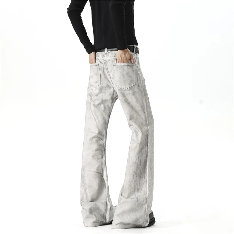 IEFB Men White‑Grey Washed Flare Jeans Embossed Pattern Rivet