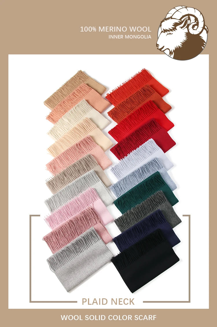 LONGMING 100% Merino Wool Knitted Shawl New Women Autumn Fashion Classic Plaid Solid Scarf Winter Warm Knottable Muffler for Man