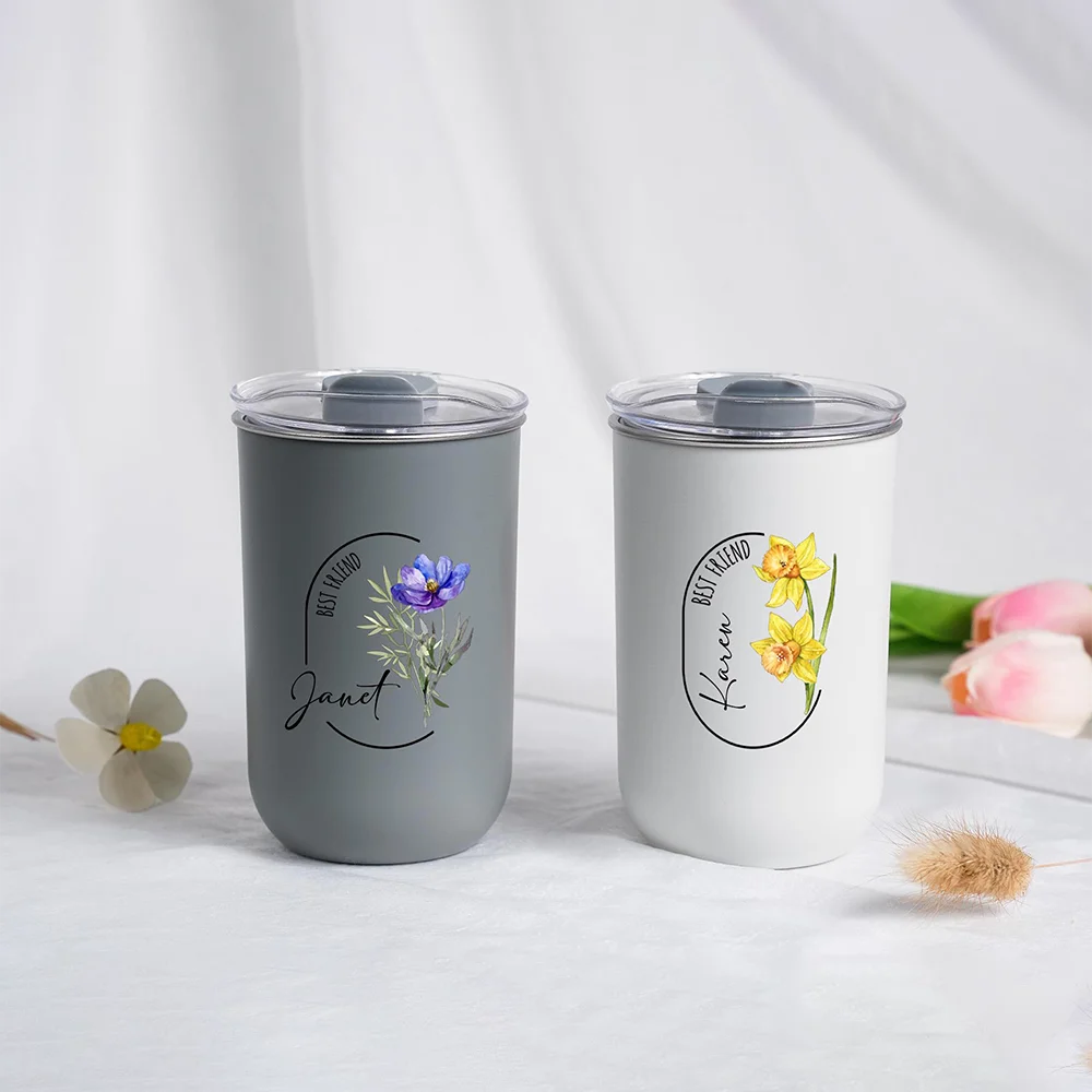 Customizable birthday flower stainless steel water cup,Customized name coffee cup，Birthday、Valentine's Day gift.