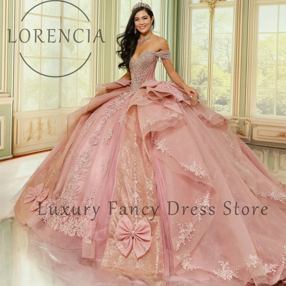 Princess Applique Quinceanera Dresses Bows Ruffles Sweet 16 Birthday Ball Gowns Customized Crystal Tulle vestidos de novia