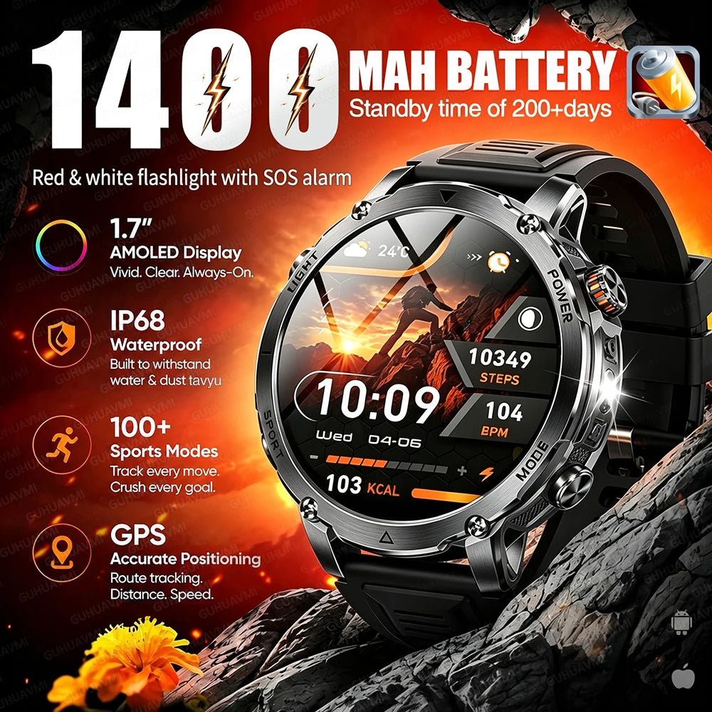 1400mAh Big Battery Smart Watch Men Outdoor GPS Flashlight