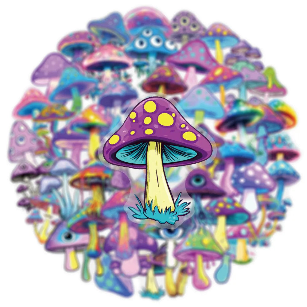 50 Pcs Transparent Iridescent Mushroom Stickers - PET Decorative Decals for Notebooks, Phone Cases, Tablets, Motorcycle
