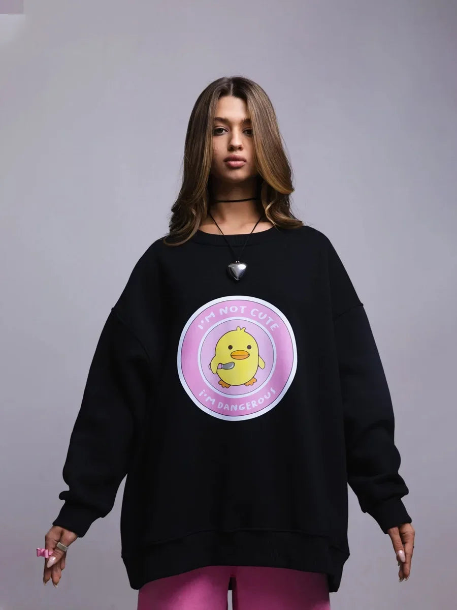 Bornladies Women's Loose Round Neck Sweatshirt Oversized Chic Printing Hoodies Casual Autumn Winter Warm Female Trendy PulloverT