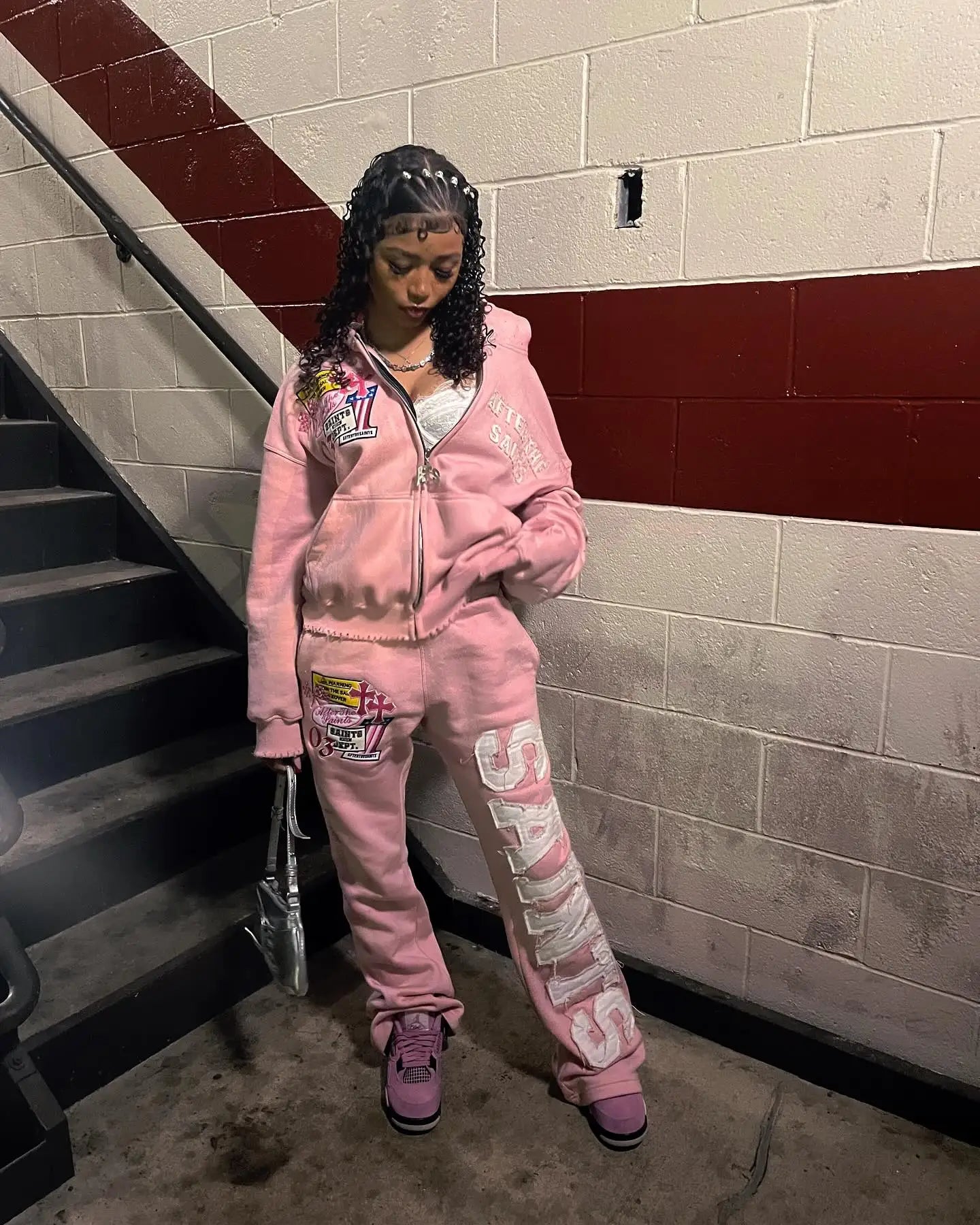 American Vintage Pink Hooded Zip Up Sweatshirt Set Side Letter Print Streetwear Hip Hop Fashion Casual Set Women's Streetwear