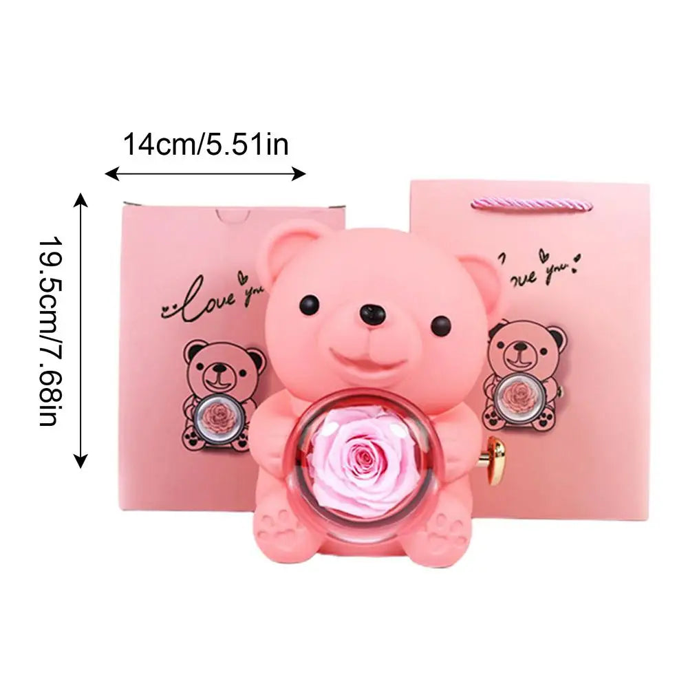 Bear Necklace Case Romantic Bear and Rose Jewelry Box Hug Bear Decoration Necklace Box Rose and Rotating Bear Case with Double
