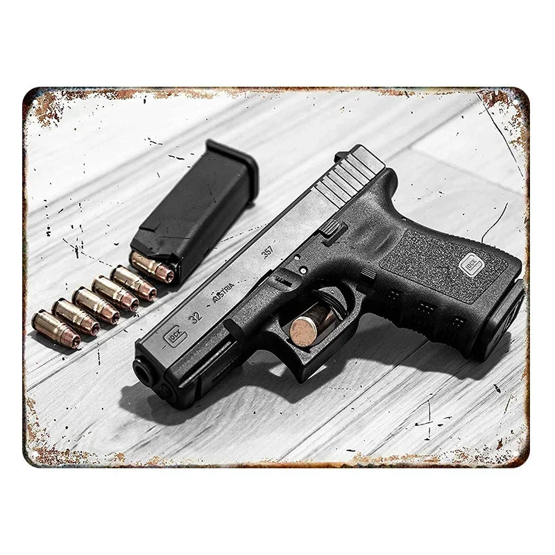 Vintage Pistol Metal  Sign Retro Gun Wall Art Iron Plaque HD Print for Home Bar Club Wall Decor