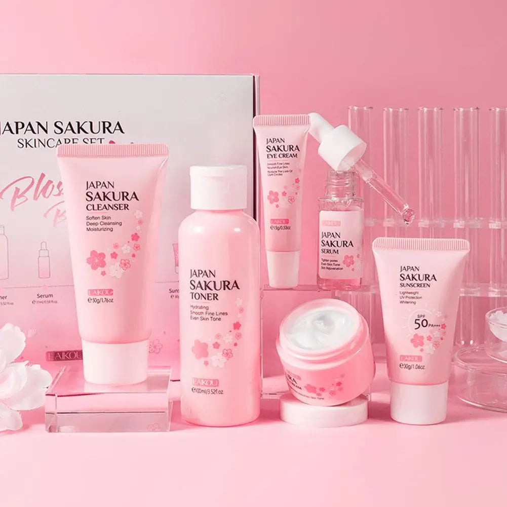 6PCs Sakura Skin Care Sets & Kits With Cleanser,Serum,Eye Cream,Sunscreen Cream Beauty Products For Women Gift Sets Routine Kit