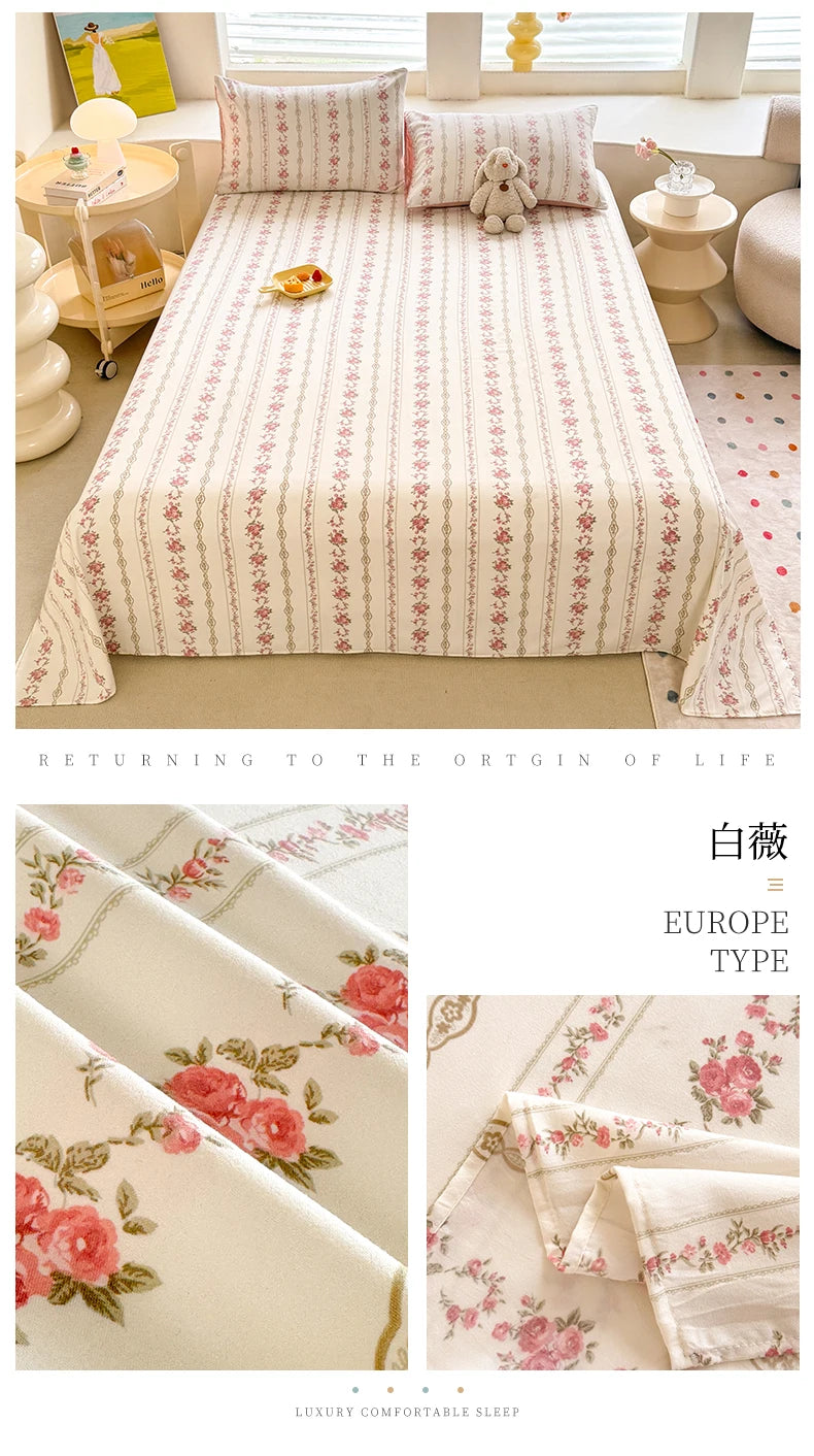 1pc Washed Cotton Flat Bed Sheets Single/Queen/King Size Bed Cover for Double Bed Flower Printed Soft Bed Sheets Top Sheets Set
