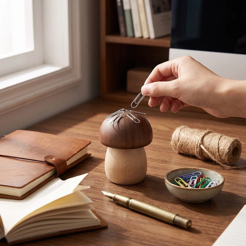 Cute Wooden Mushroom Paper Clip Holder Magnetic Office Desk
