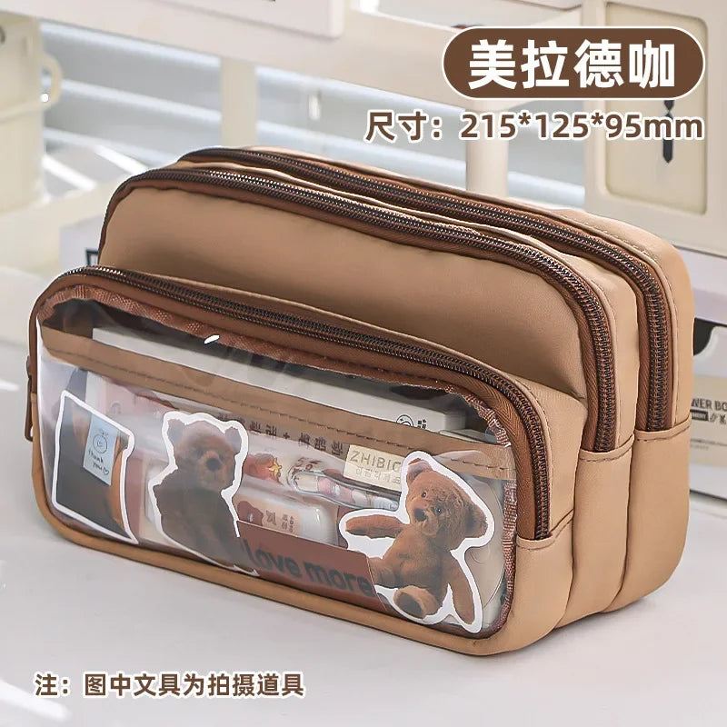 Kawaii Pencil Bag Large Capacity 3 Compartments Pencil Case Pen Pouch Desk Organizer School Supplies Cute Korean Stationery