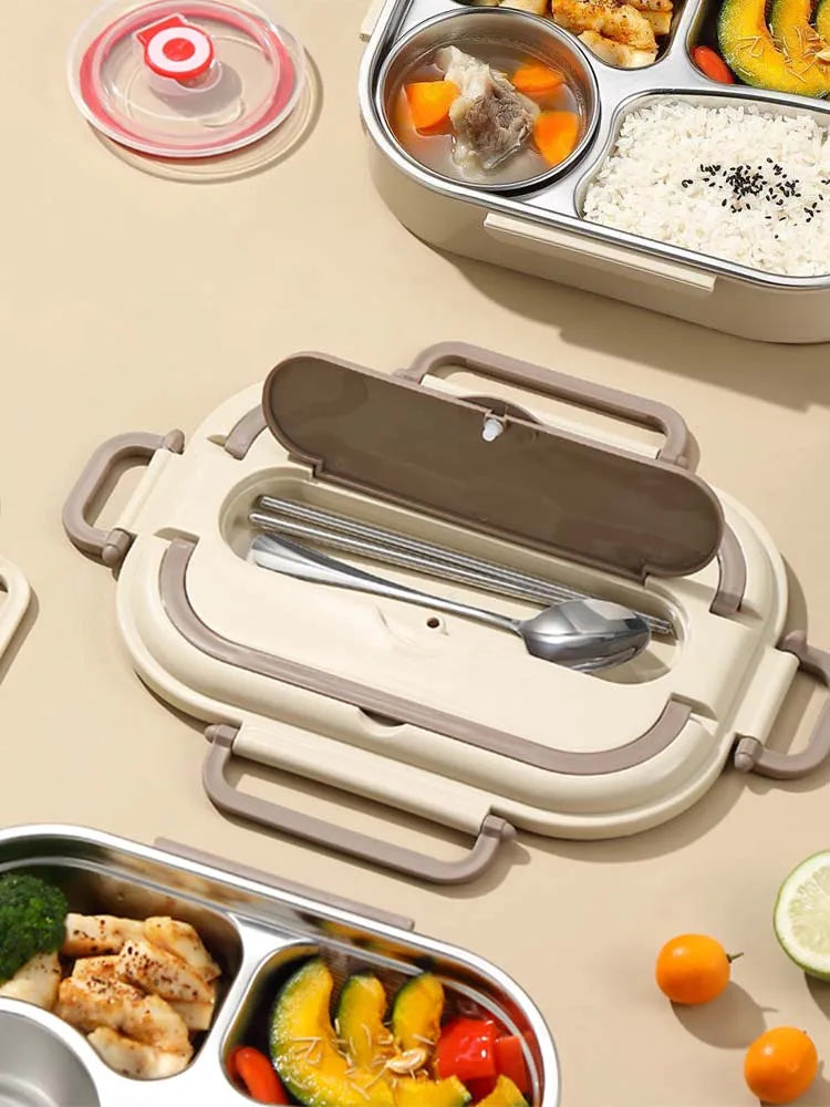 304 stainless steel lunch box with soup bowl, 4 compartments, equipped with spoon chopsticks, portable handle, microwave heating