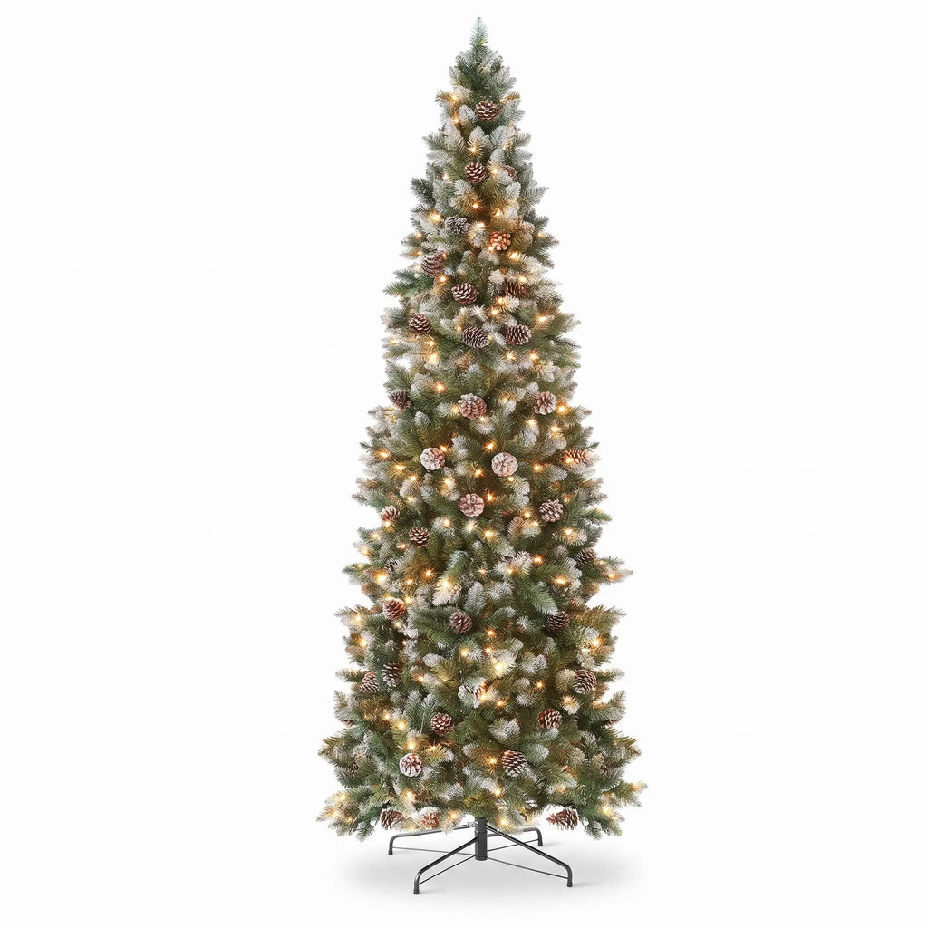 9FT Pre-Lit Slim Pencil Christmas Tree with Pine Cones