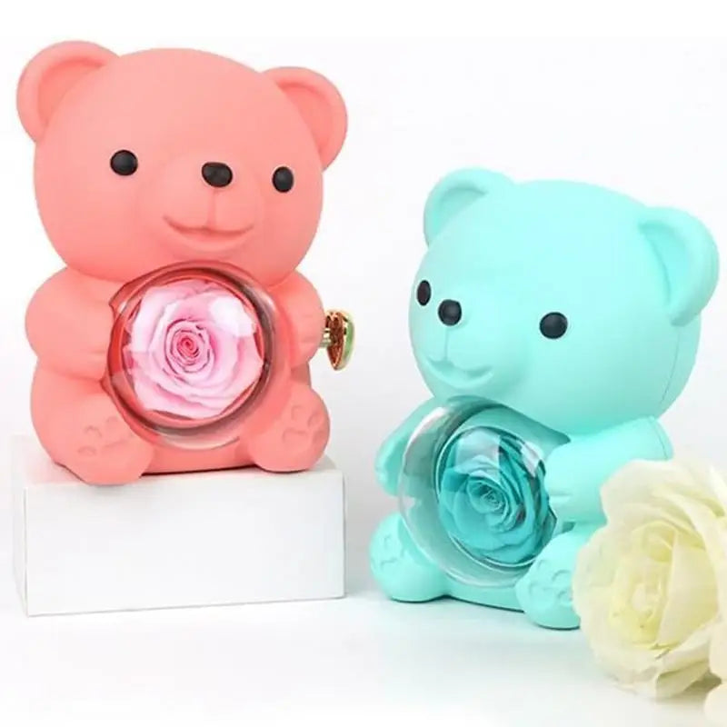 Bear Necklace Case Romantic Bear and Rose Jewelry Box Hug Bear Decoration Necklace Box Rose and Rotating Bear Case with Double