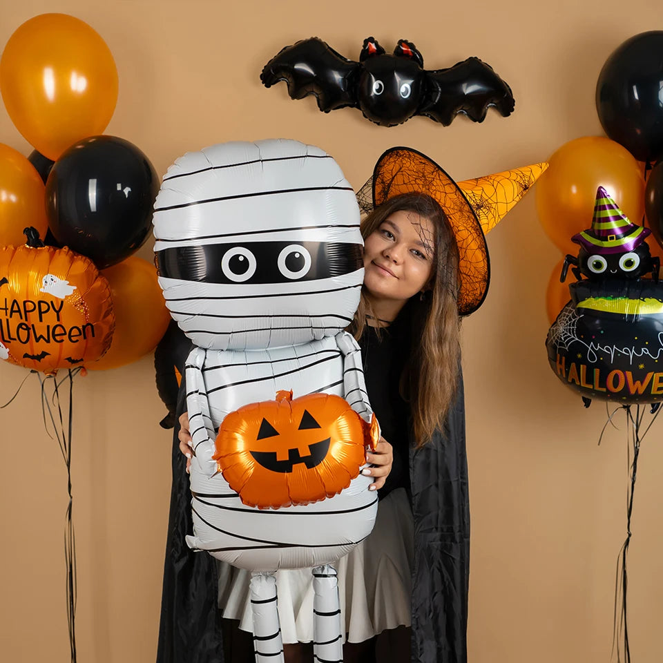 Handheld Pumpkin Mummy Aluminum Film Balloon White Orange Shaped Mummy Balloon Halloween Decoration Trick Party Decoration
