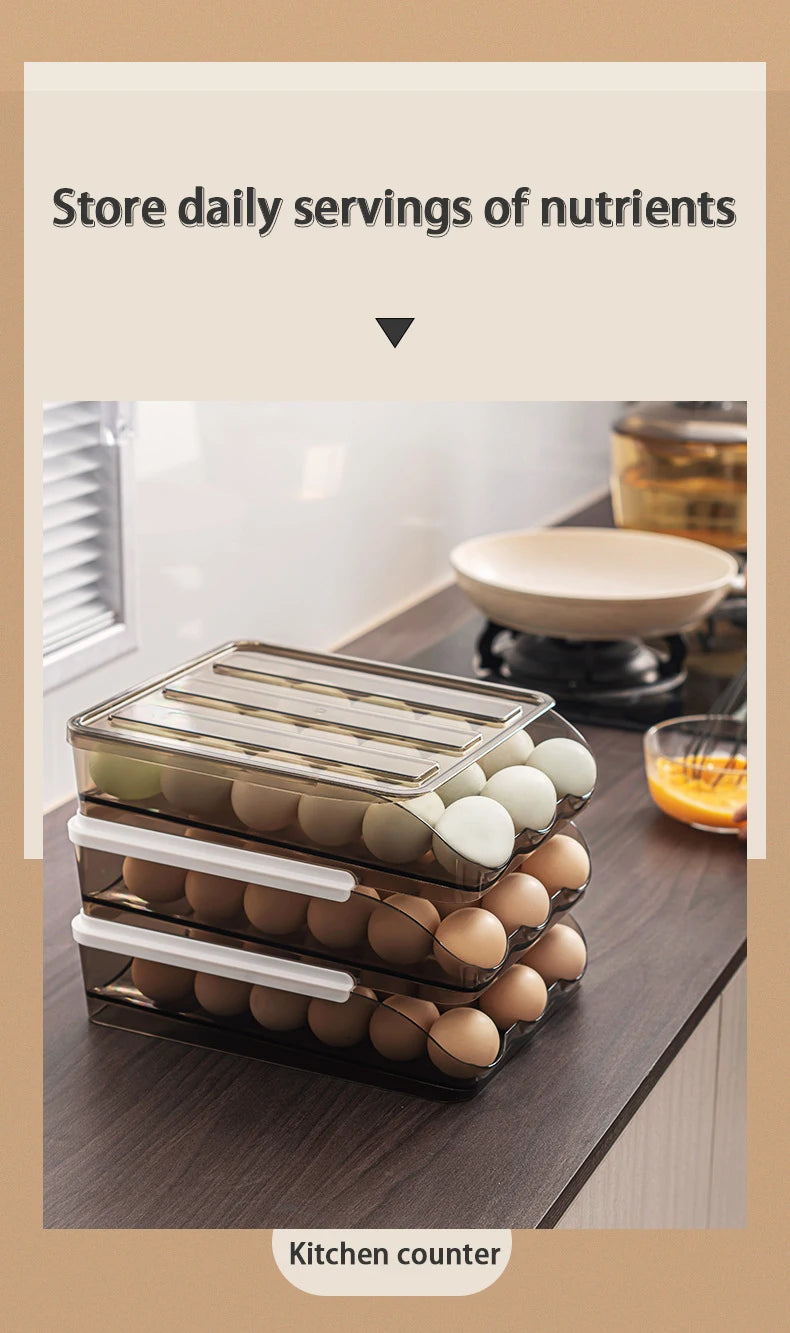 Automatic Slide Egg Storage Box Transparent Drawer, Stackable Rolling Eggs Rack Egg Tray Holder Basket, Kitchen Fridge Organize