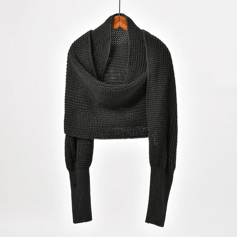Woman Knitted Shawl Scarf With Long Sleeve Autumn Winter Outdoor Warm Soft Windproof Hollow Out Crop Top Shawl Scarf 210*33cm