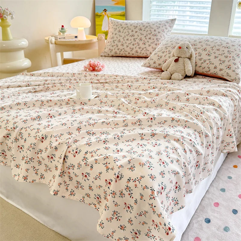 1pc Washed Cotton Flat Bed Sheets Single/Queen/King Size Bed Cover for Double Bed Flower Printed Soft Bed Sheets Top Sheets Set