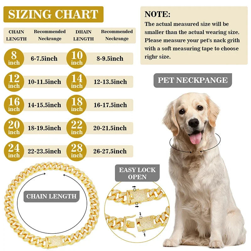 Dog Chain Diamond Cuban Collar Walking Metal Chain Collar