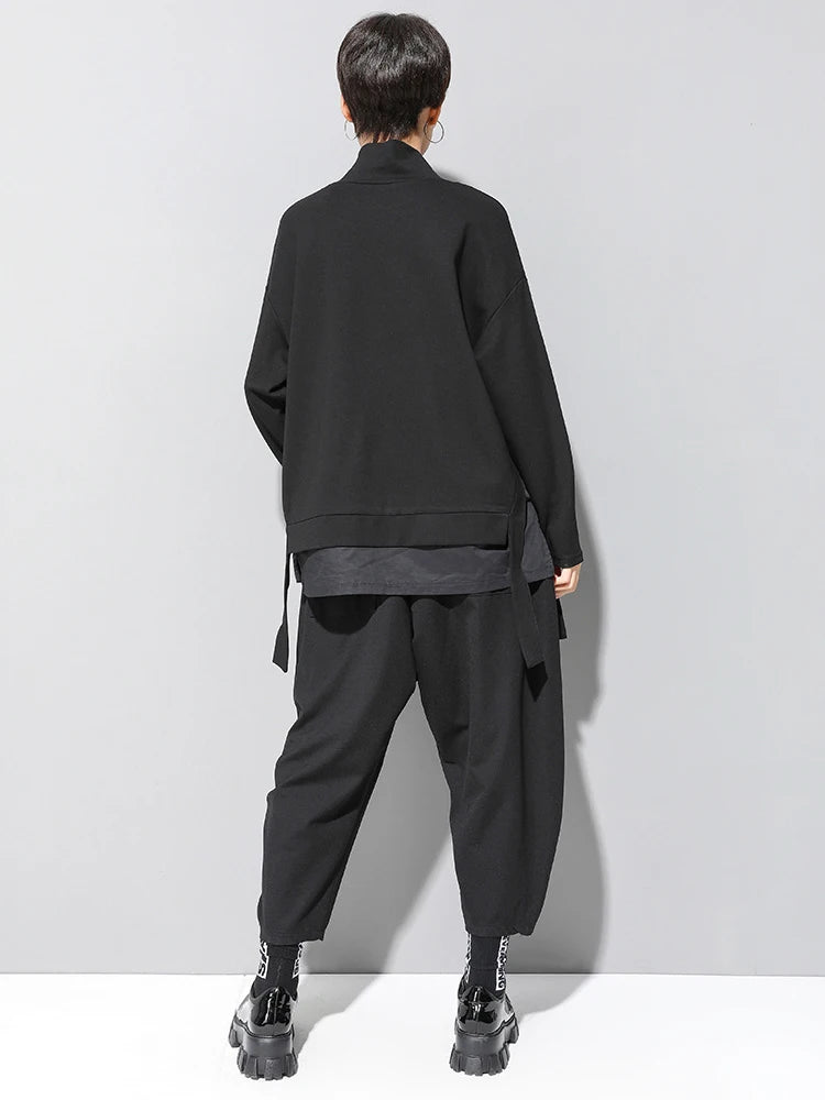 [EAM] Loose Fit Asymmetrical Big Size Sweatshirt New High Collar Long Sleeve Women Big Size Fashion Spring Autumn 2026 19A-a124