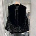 Chinese Style Buckle Vest Jacket Velvet Shining Autumn Premium Sleeveless Coat Women 2024 Shoulder Jacket Black XXL Fashion