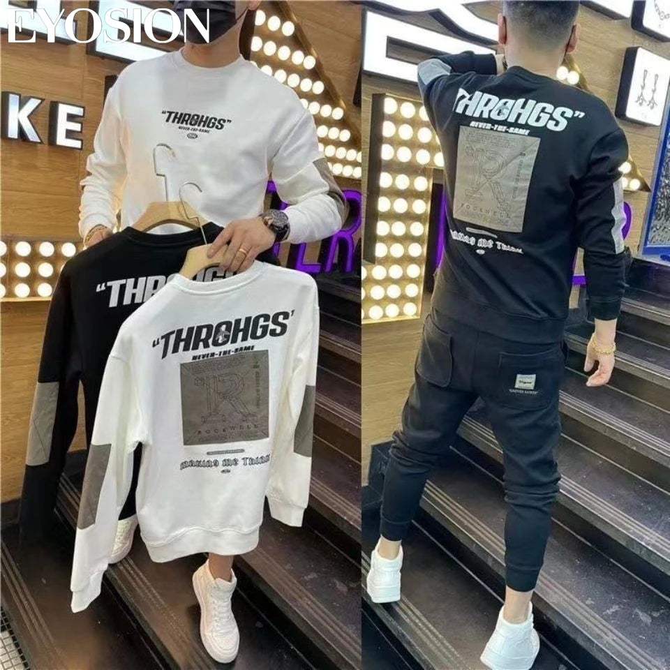 Autumn Youth Men's Sweatshirt Pullovers Letter Print Round Neck Slim Fit Thicken Hoody Long Sleeve Casual Sweatshirt Male Tops